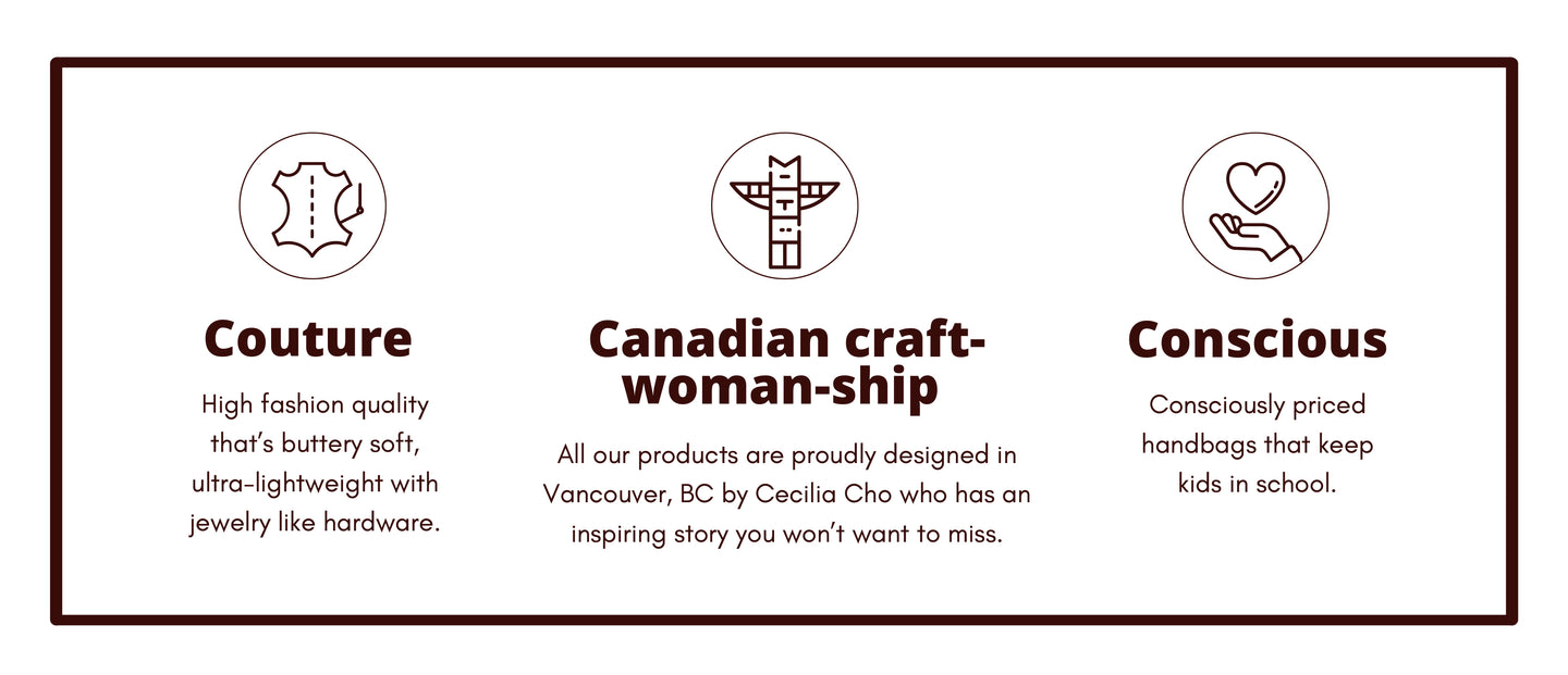 Our Giving Our Story Couture Canadian craftwoman ship conscious canadian designer handbag Luxury handbag black purse Conscious Luxury. Loveable Price. BEHIND THE BRAND OUR STORY OUR HANDBAG DESIGNER OUR GIVING Anscel story